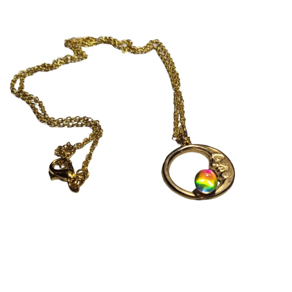Vintage Gold Plated Man in the Moon Prismatic Glass Ball Necklace